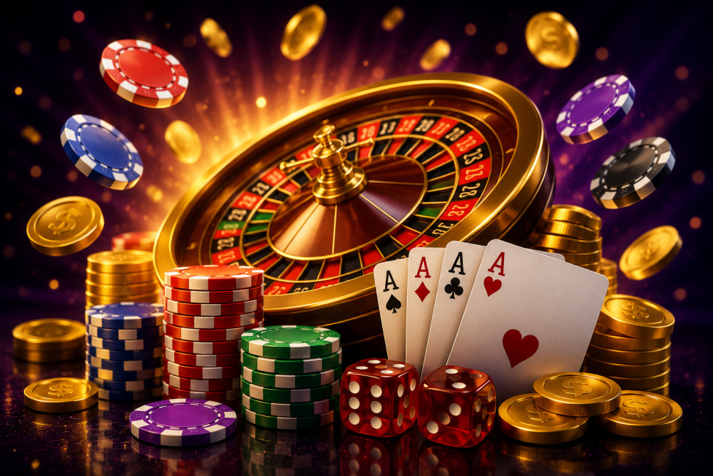 Colorful casino chips, a roulette wheel, cards, and dice arranged in a dramatic scene